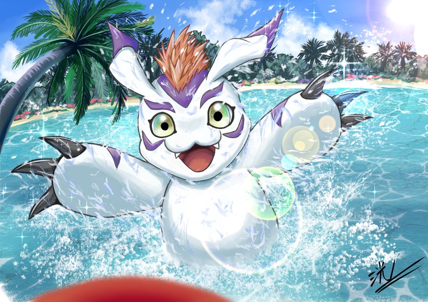 ambiguous_gender antennae_(anatomy) anthro beach black_claws claws detailed_background feral green_eyes hair looking_at_viewer outside palm_tree plant playing red_hair sea seascape seaside sky solo swimming tree water 9b3xmkddvuq9qco bandai_namco digimon digimon_(species) gomamon absurd_res digital_media_(artwork) hi_res