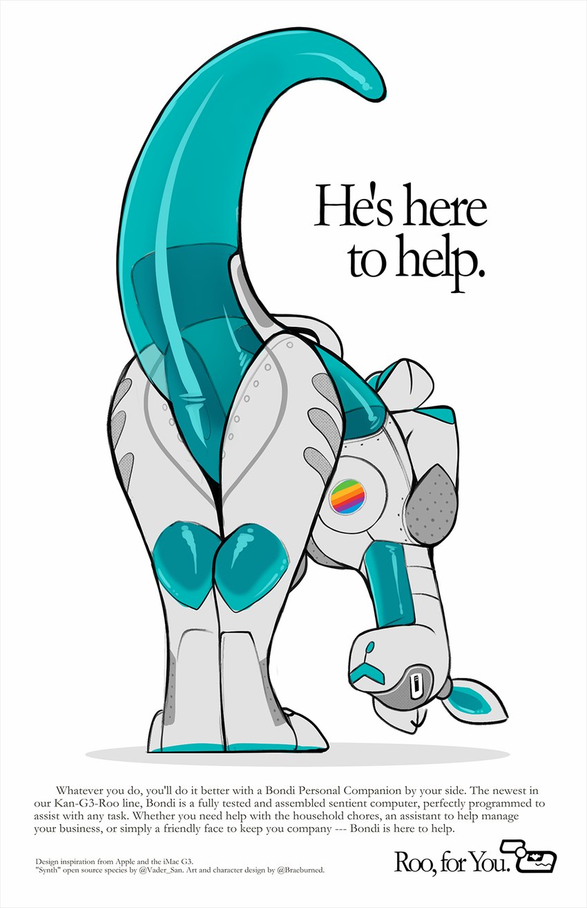 advertisement anthro bent_over butt digitigrade featureless_crotch full-page_advertisement handle handles_on_back machine male multicolored_body null paws presenting presenting_hindquarters retro screen screen_face simple_background solo standing synthetic tail tailbutt teal_body text translucent translucent_body two_tone_body white_background braeburned apple_inc. apple_macintosh imac bondi_(braeburned) android kangaroo macropod mammal marsupial robot robot_anthro synth_(vader-san) 2024 digital_media_(artwork) english_text full-length_portrait hi_res portrait