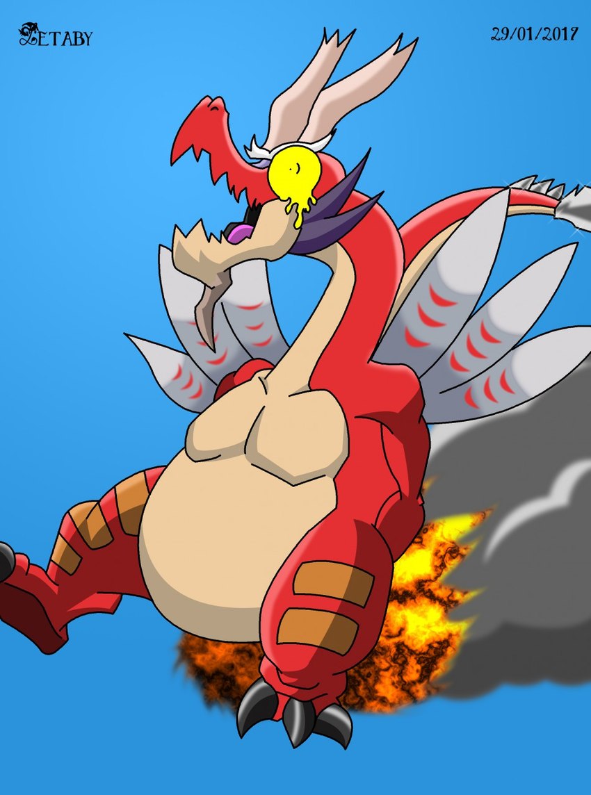 belly big_belly burning butt_on_fire fire long_neck male overweight overweight_male pain smoke solo tail wings zetaby2594 mythology nintendo the_legend_of_zelda wind_waker valoo dragon mythological_creature mythological_scalie scalie hi_res