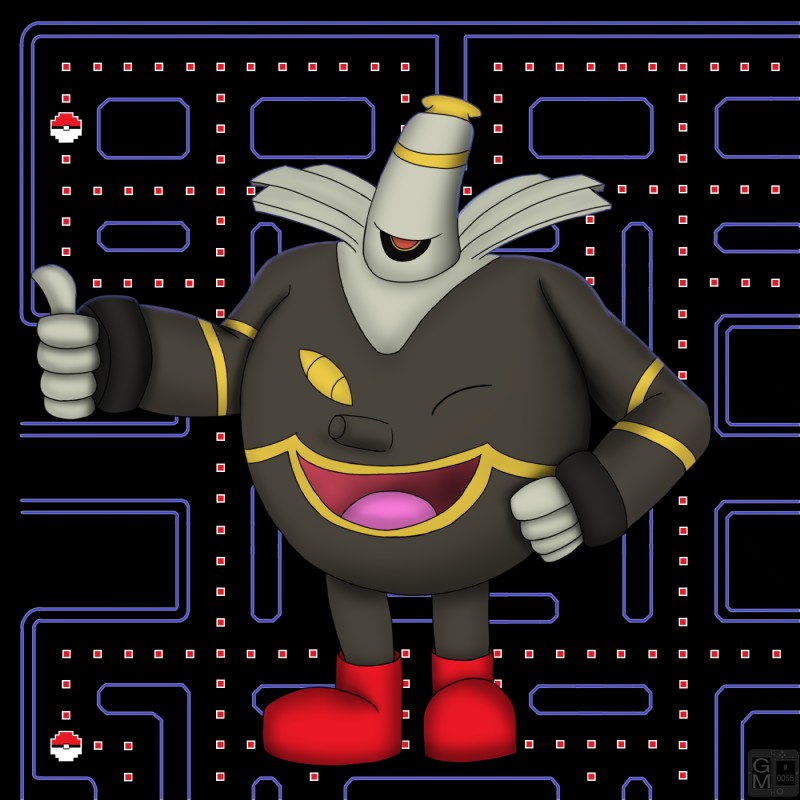 ambiguous_gender belly_mouth black_body black_sclera black_skin boots clothing cosplay footwear gesture grey_body grey_skin hand_gesture mostly_nude one_eye_closed pokeball shoes smile solo standard_pokeball text thumbs_up tongue wink gamemaniac bandai_namco nintendo pac-man_(series) pokemon pac-man dusknoir generation_4_pokemon ghost pokemon_(species) spirit 1:1 2016 crossover english_text hi_res watermark