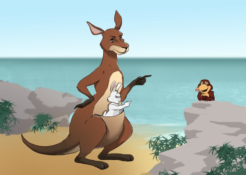 female gesture group hand_gesture island male pointing pointing_at_another sea water kitsune2000 noah's_island sacha_(noah's_island) sparky_(noah's_island) woomera_(noah's_island) desman eulipotyphlan kangaroo lagomorph leporid macropod mammal marsupial mole_(animal) rabbit hi_res