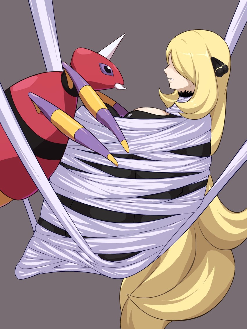 ambiguous_gender arthropod_webbing big_breasts black_clothing black_suit blonde_hair bound breasts clothing duo female hair horn huge_breasts light_body light_skin long_hair pokemon_champion red_body restrained restrained_arms restrained_legs restraints suit web_bondage okra_sticky nintendo pokemon cynthia_(pokemon) pokemon_trainer arachnid ariados arthropod generation_2_pokemon human mammal pokemon_(species) spider 3:4 absurd_res hi_res