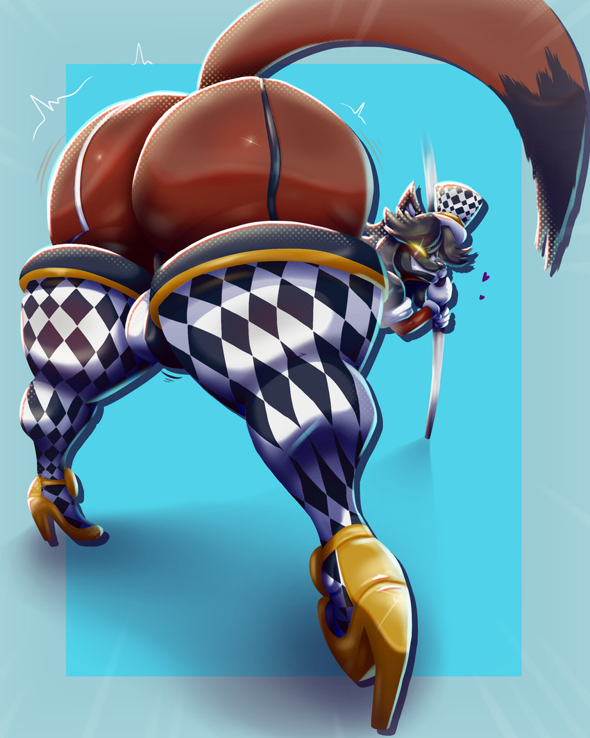 anthro backsack balls blush butt checkered checkered_clothing clothing dancing footwear genitals gloves glowing glowing_eyes gold_(metal) hair handwear hat headgear headwear high_heels legwear long_hair looking_at_viewer looking_back looking_pleasured male male/male mono_(monokhrome) pattern_clothing pole pole_dancing shaking_butt shoes simple_background smile smiling_at_viewer smirk smirking_at_viewer solo straps teapot_(body_type) thigh_highs top_hat monana-yo1 canid canine humanoid mammal absurd_res hi_res