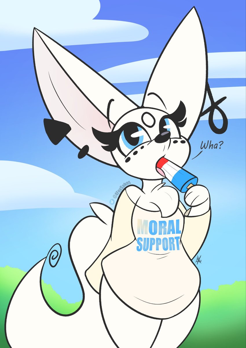 anthro big_ears black_nose blue_eyes chest_tuft clothing day dialogue ear_piercing eyelashes femboy food front_view fur holding_food holding_object holding_popsicle male outside piercing popsicle popsicle_in_mouth shirt sky solo suggestive tail text text_on_clothing text_on_shirt text_on_topwear thick_eyelashes topwear tuft white_body white_ears white_fur white_tail 4foxsakes alexander_leblanc_(4foxsakes) canid canine fennec_fox fox mammal true_fox 2023 digital_drawing_(artwork) digital_media_(artwork) hi_res portrait three-quarter_portrait