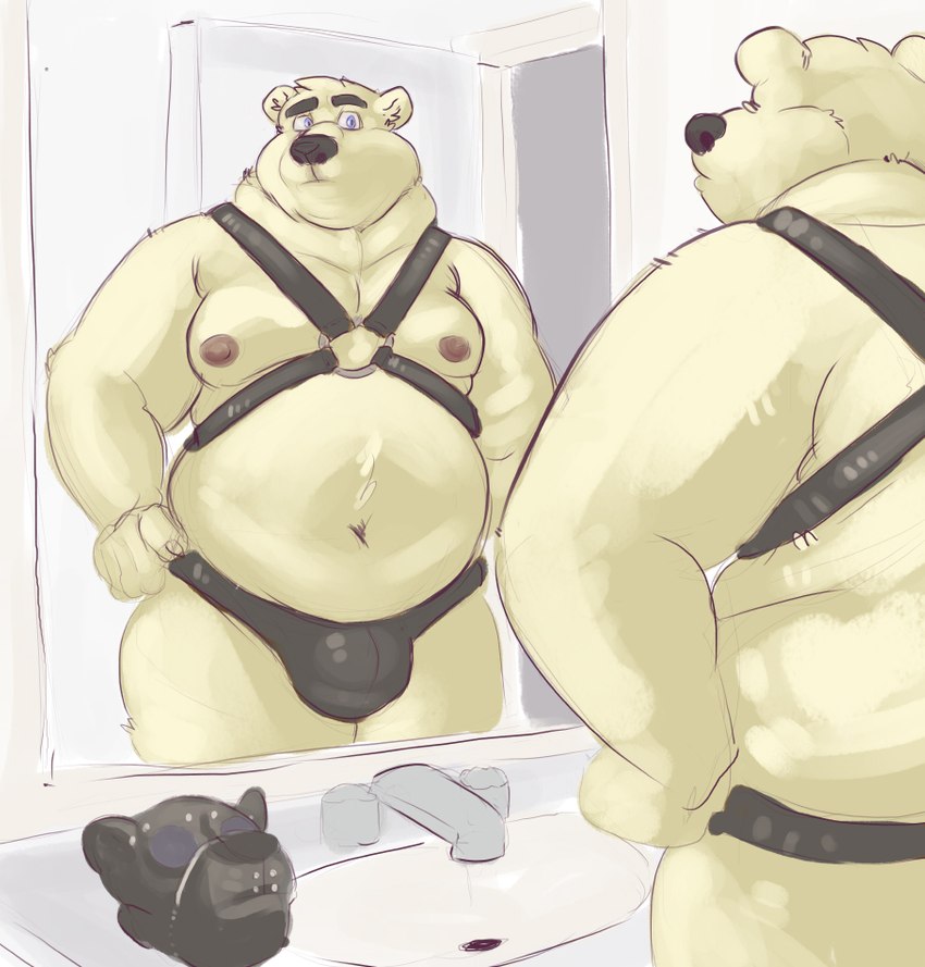 anthro bathroom belly big_belly blue_eyes bulge clothing fur harness leather_daddy male mask mirror moobs navel overweight overweight_male solo underwear white_body white_fur tcw bear mammal polar_bear ursine