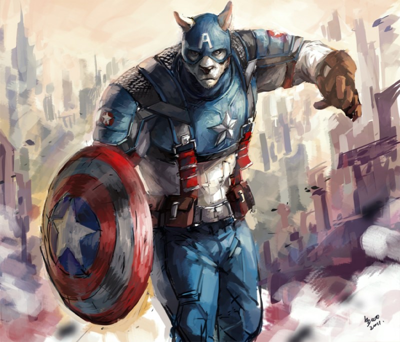 alternate_species anthro bag biped clothed clothing fully_clothed furrification looking_at_viewer male muscular muscular_anthro muscular_male pose satchel shield solo standing star suit nick300 marvel captain_america canid canine canis mammal wolf