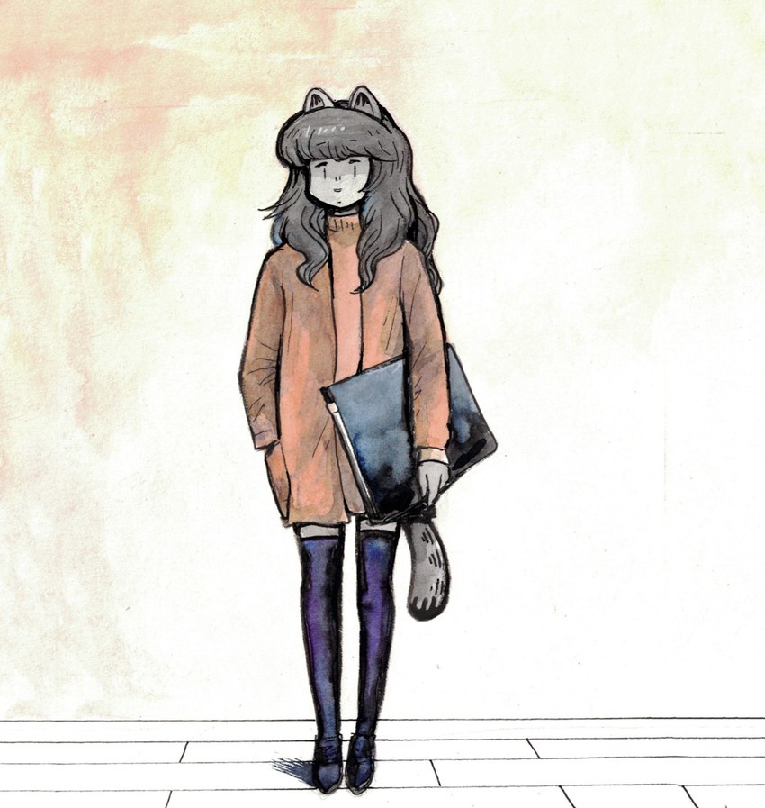 absolute_territory anthro bangs biped clothing coat crossgender female footwear fur grey_body grey_fur grey_hair hair holding_object long_hair mtf_crossgender shoes socks solo standing sweater topwear remy_boydell garfield_(series) fan_character nermal_(garfield) nervana_(remy_boydell) domestic_cat felid feline felis mammal hi_res painting_(artwork) traditional_media_(artwork) watercolor_(artwork) trans_(lore) trans_woman_(lore)