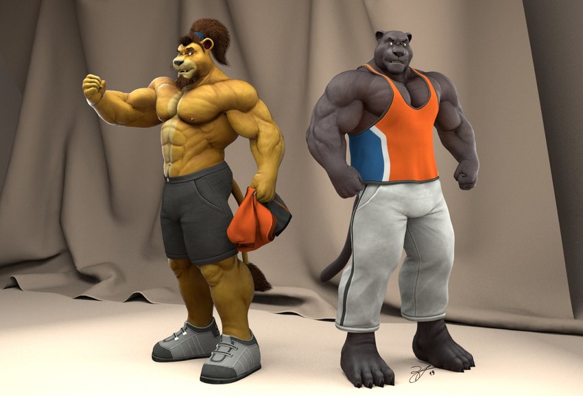 abs anthro barefoot biceps black_body black_bottomwear black_clothing black_fur black_shorts blue_clothing blue_shirt blue_tank_top blue_topwear bottomwear brown_hair claws clothed clothing curtains deltoids duo facial_hair feet footwear fur goatee grey_clothing grey_footwear grey_shoes hair holding_clothing holding_object holding_shirt holding_topwear male multicolored_clothing multicolored_shirt multicolored_tank_top multicolored_topwear nipples obliques orange_clothing orange_shirt orange_tank_top orange_topwear pants pecs ponytail shirt shoes shorts sneakers sweatpants tail tail_tuft tank_top toe_claws topless topwear triceps tuft yellow_body yellow_fur braford house_of_beef doug_(braford) stan_(braford) felid lion mammal pantherine 2019 3d_(artwork) dated digital_media_(artwork) signature