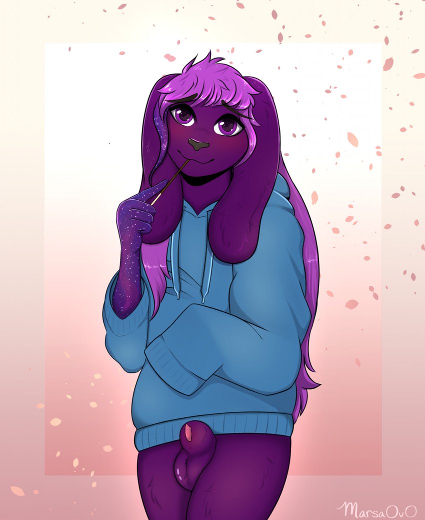 animal_genitalia anthro blush clothing cosmic_flesh cosmic_hair ethereal_hair floppy_ears food genitals hair hoodie inviting long_hair male oversized_clothing oversized_hoodie oversized_sleeves oversized_topwear purple_body purple_hair sheath shy sleeves_past_wrists solo teasing topwear marsaovo saucydiablo pocky liozn_the_spacebun lagomorph leporid mammal rabbit hi_res