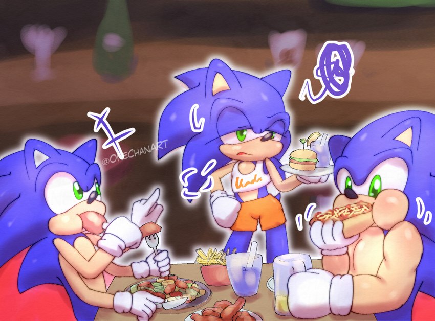 beverage burger clothed clothing container cup diner drinking_glass eating food glass glass_container glass_cup group growth half-closed_eyes hooters_uniform male male/male multi_arm multi_limb muscle_growth muscular muscular_male narrowed_eyes restaurant trio onechan hooters sega sonic_the_hedgehog_(series) sonic_the_hedgehog eulipotyphlan hedgehog mammal