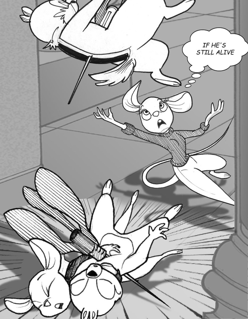 3_toes abdominal_impalement anthro bottomless bottomless_female breasts catching clothed clothing duo falling feet female impact_lines impalement male male/female running scut_tail shadow short_tail stabbed_through tail text thinking thought_bubble toes wince worried chris_fischer chip_'n_dale_rescue_rangers disney chip_(disney) gadget_hackwrench chipmunk ground_squirrel mammal mouse murid murine rodent sciurid comic english_text hi_res