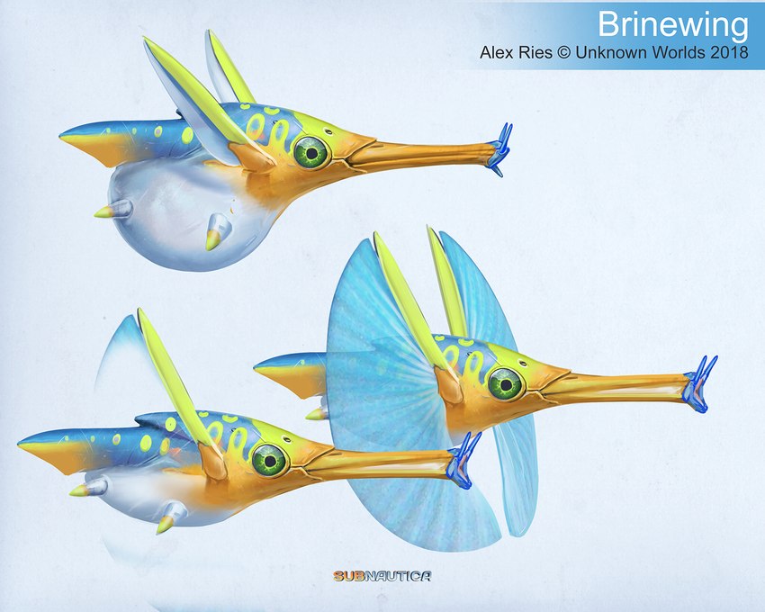 ambiguous_gender belly blue_body blue_skin feral fin green_eyes markings solo spots spotted_body white_belly white_body white_skin yellow_body yellow_skin yellow_spots alex_ries subnautica subnautica_below_zero unknown_worlds_entertainment alien brinewing concept_art hi_res multiple_images official_art