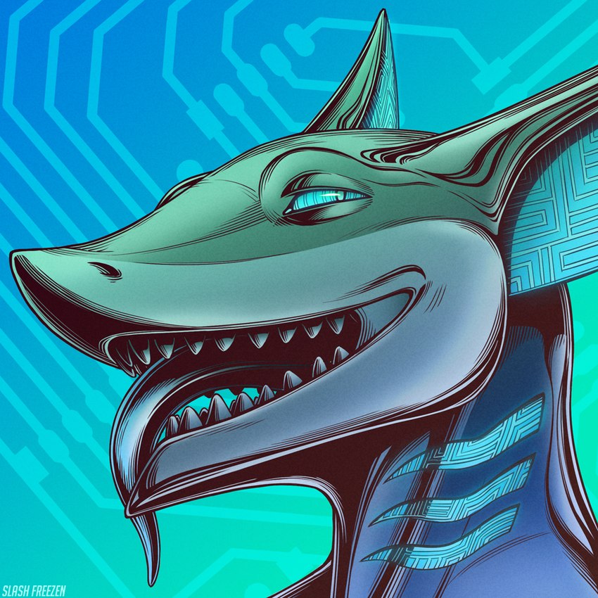 ambiguous_gender anthro blue_body blue_tongue glistening glistening_eyes green_body looking_at_viewer narrowed_eyes open_mouth simple_background solo teeth text tongue tongue_out slash_freezen species_request 1:1 artist_name bust_portrait portrait