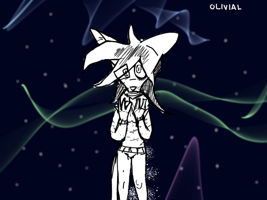 4_fingers anthro aurora_(phenomenon) black_background bottomless clothed clothing confusion dark female fingers in_space inner_ear_fluff long_sleeves long_tail looking_up pathway round_eyes simple_background sketchy slouching solo space square_eyes standing star sweatshirt tail tuft unsure olivialart olivia_(olivialart) domestic_cat felid feline felis humanoid mammal 4:3 hi_res sketch watermark