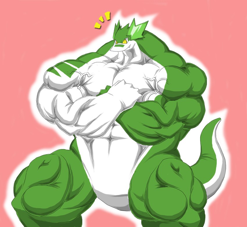 abs anthro biceps big_arms big_biceps big_deltoids big_forearms big_legs big_muscles big_tail countershading crossed_arms deltoids fangs featureless_crotch forearms green_body grin huge_muscles hyper hyper_muscles latissimus_dorsi leg_muscles male manly multicolored_body muscular muscular_arms muscular_thighs obliques pink_background pupils quads salad_(plainwhite) salad_looking_things_on_the_head simple_background small_pupils smile solo tail tailbutt teeth thick_neck thick_tail thick_thighs trapezius triceps two_tone_body vein white_body white_countershading wide_crotch yellow_eyes plain_white mythology dragon humanoid mythological_creature mythological_scalie scalie