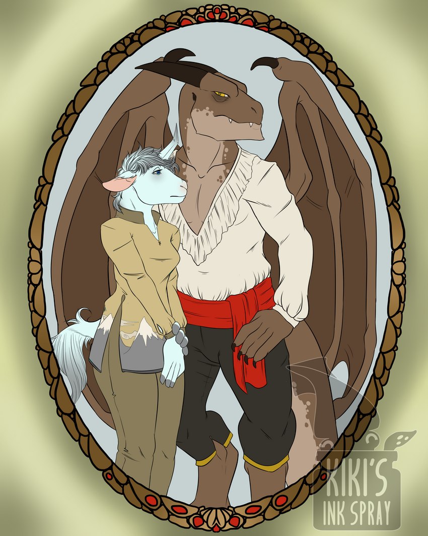 anthro duo female horn jasnake male membrane_(anatomy) membranous_wings tail wings kikisinkspray mythology bovid caprine dragon equid equine goat mammal mythological_creature mythological_equine mythological_scalie scalie unicorn 4:5 absurd_res hi_res story