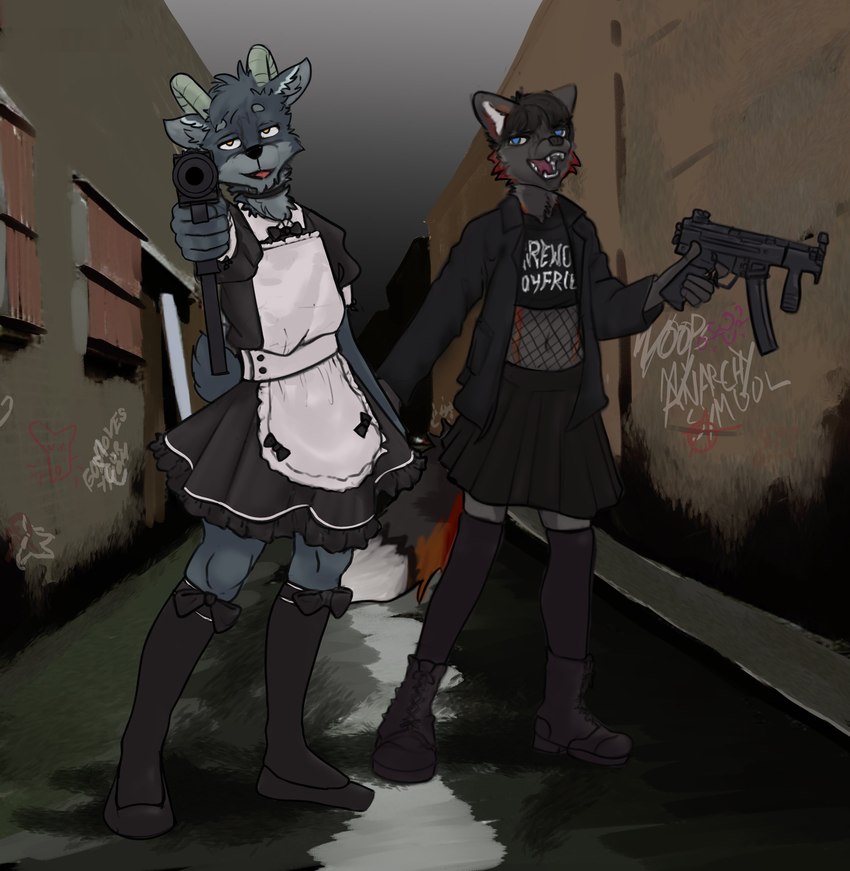 aiming_at_viewer alley anthro boots bottomwear bow_socks clothed clothing crop_top crossdressing dress duo femboy fishnet_clothing fishnet_topwear flats_(shoes) footwear gun holding_gun holding_object holding_ranged_weapon holding_weapon jacket knee_highs knee_socks leg_warmers legwear maid_uniform male navel open_clothing open_jacket open_mouth open_smile open_topwear ranged_weapon shirt shoes skirt smile socks topwear uniform weapon banoncat banoncat_(character) bovid canid canine caprine fox goat mammal 2021 absurd_res hi_res