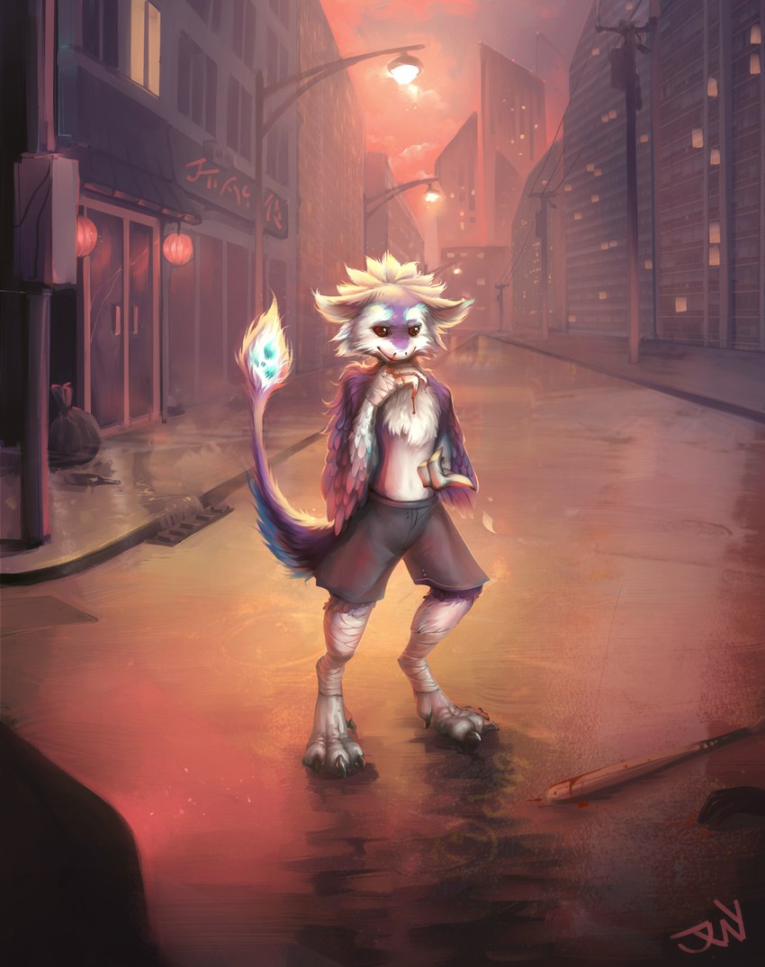 ambiguous_gender anthro blood bodily_fluids city fight fighting_pose lamp light male night pose raining solo standing street wet twymouse nickel avali avian humanoid absurd_res hi_res