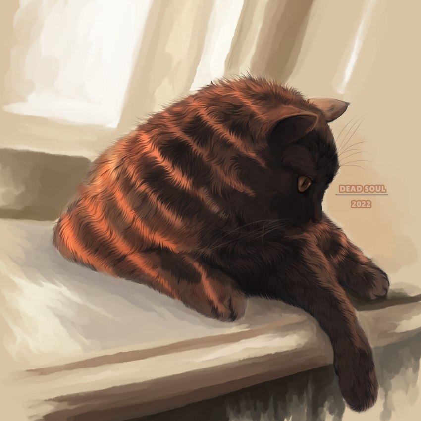 ambiguous_gender black_nose brown_body brown_fur feral fur lying mouth_closed orange_eyes solo text whiskers msdeadsoul domestic_cat felid feline felis mammal 1:1 2022 artist_name dated hi_res