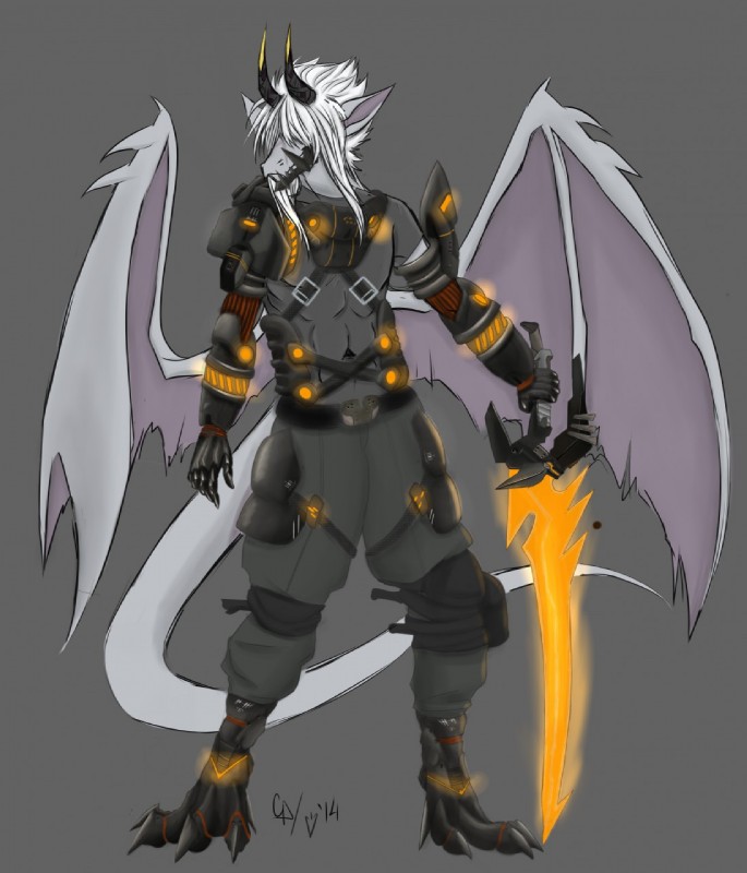 anthro armor biped bondage_pants bottomwear clothed clothing cyberpunk glowing grey_background hair horn long_hair male markings melee_weapon membrane_(anatomy) membranous_wings pants simple_background solo standing streetwear sword tail techwear weapon white_hair wings veck mythology kazvil dragon mythological_creature mythological_scalie scalie 2014 hi_res