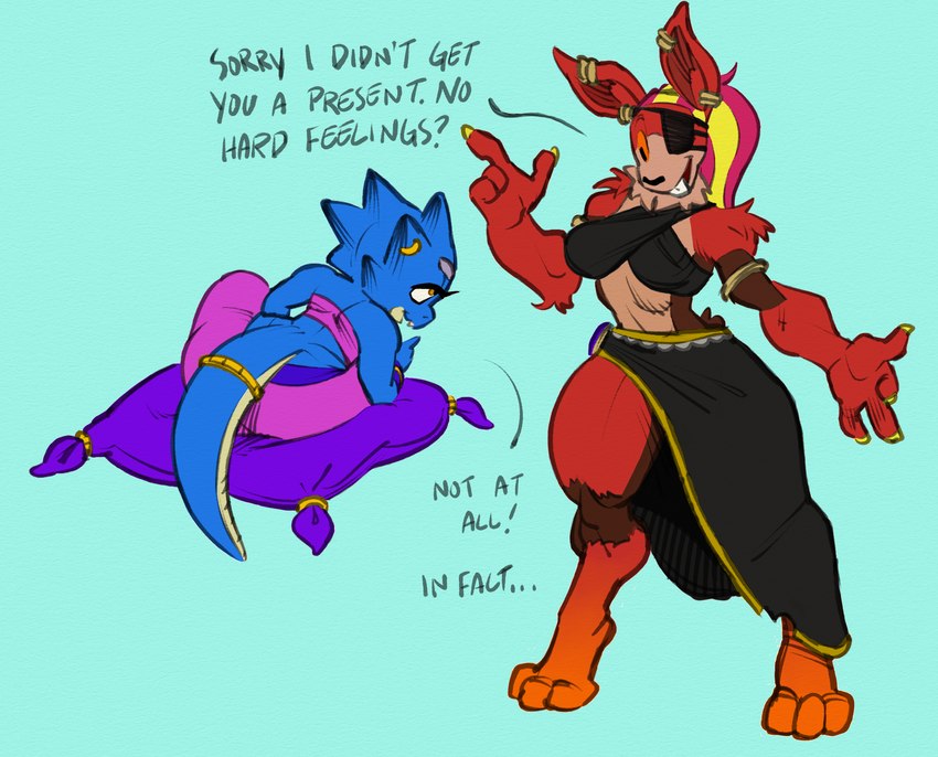 anthro duo eye_patch eyewear female female/female text hornier_nina nondelismell thumbeh_(character) vevra_(la_ninya) genie kobold lagomorph leporid mammal rabbit scalie english_text hi_res