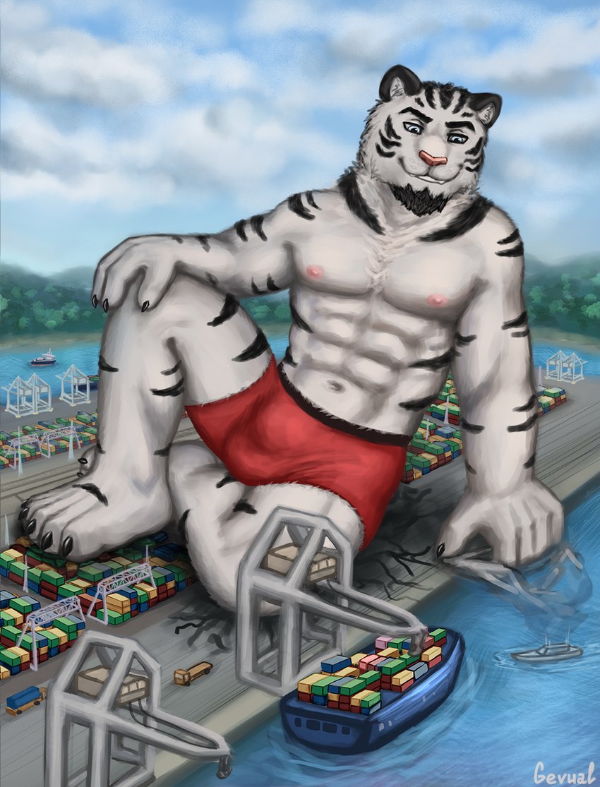 anthro black_stripes bulge cargo_ship claws clothing cloud crane_(machine) destruction fur macro male merchant_ship muscular nipples outside pink_nipples port ship sitting solo stripes truck_(vehicle) underwear vehicle watercraft white_body white_fur gevual felid feline mammal pantherine tiger artist_name hi_res