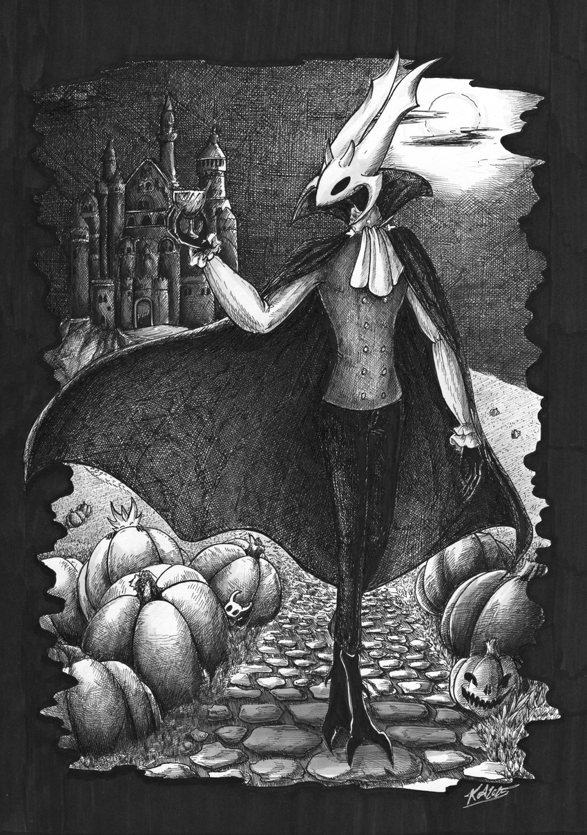 2_horns ambiguous_gender biped black_body black_eyes cape castle clothed clothing cloud container empty_eyes fingers food fruit grass group holding_container holding_object holidays horn jack-o'-lantern moon night outside plant pumpkin sky solo_focus standing trio xdunkelseelex halloween hollow_knight_(franchise) team_cherry fan_character the_knight_(hollow_knight) arthropod vessel_(species) 2025 absurd_res hi_res monochrome signature traditional_media_(artwork)