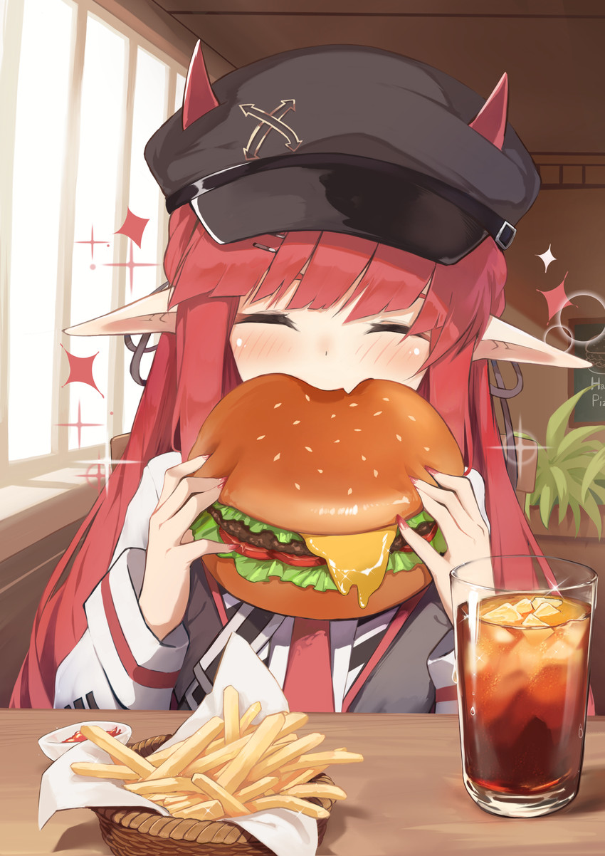 beverage blush burger clothing comically_large_object detailed_food eating female food fries hair hat headgear headwear holding_burger holding_food holding_object horn humanoid_pointy_ears inside not_furry pointy_ears red_hair smile soda solo window kashiyarrm arknights hypergryph studio_montagne vigna_(arknights) horned_humanoid humanoid 2020 absurd_res detailed hi_res