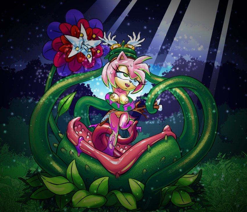 anthro breasts clothing female flower genitals gloves hair hands_above_head handwear looking_pleasured monster_pred nude pink_body pink_hair plant plant_pred plant_tentacles pussy solo tentacles torn_clothing undressing vore rockthebull sega sonic_the_hedgehog_(series) amy_rose elemental_creature eulipotyphlan flora_fauna hedgehog mammal plant_monster