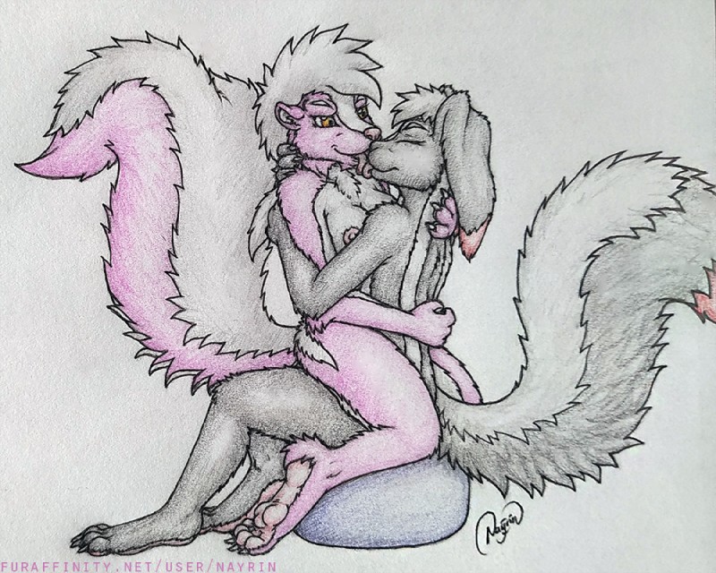 duo female fur hug kissing male male/female orange_eyes pink_body pink_fur text tongue nayrin pirox skunkhase hybrid lagomorph leporid mammal mephitid rabbit skunk url