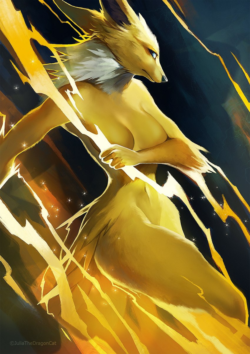 anthro black_nose blonde_hair breasts butt ears_back electricity electricity_manipulation elemental_manipulation female fur hair lightning lightning_bolt medium_breasts navel nude pivoted_ears small_waist solo standing thick_thighs white_body white_fur white_hair wide_hips yellow_body yellow_fur juliathedragoncat nintendo pokemon eeveelution generation_1_pokemon jolteon pokemon_(species) 2023 artist_name hi_res