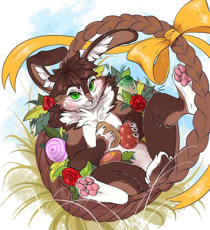 anthro basket blush bow_ribbon brown_body brown_fur chest_tuft container easter_egg egg flower fur green_eyes holding_egg holding_object holidays lying male neck_tuft on_back painted_eggs pawpads plant rose_(flower) smile solo tail tuft white_body white_fur young young_male gimka easter cinna_(crimsir) lagomorph leporid mammal rabbit hi_res adult_(lore)