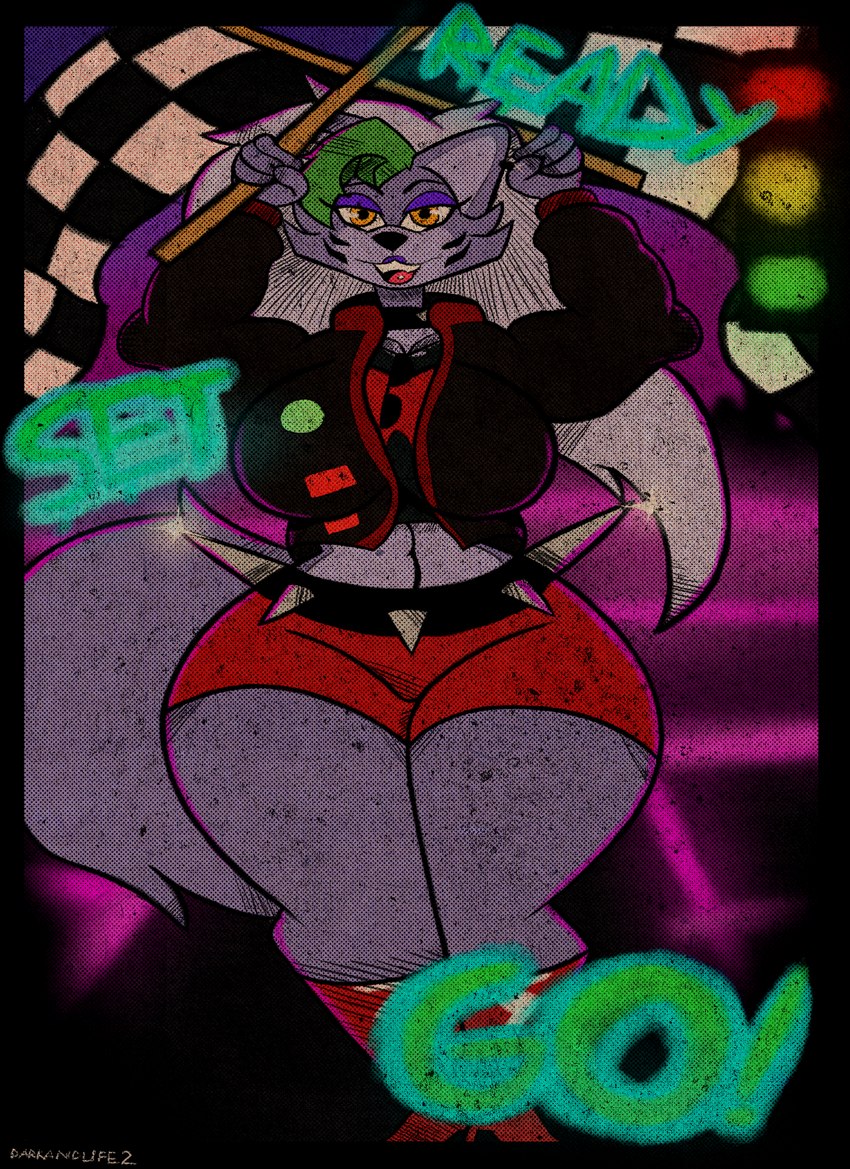 anthro clothed clothing female open_mouth piercing race race_queen retro solo synthwave tongue tongue_piercing darkandlife2 five_nights_at_freddy's five_nights_at_freddy's:_security_breach scottgames steel_wool_studios roxanne_wolf canid canine canis mammal wolf 2022 digital_media_(artwork) hi_res