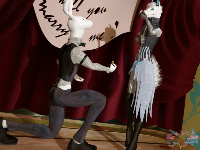 anthro duo femboy male male/male proposal luki13lol canid canine lagomorph leporid mammal rabbit 3d_(artwork) 4:3 absurd_res digital_media_(artwork) hi_res