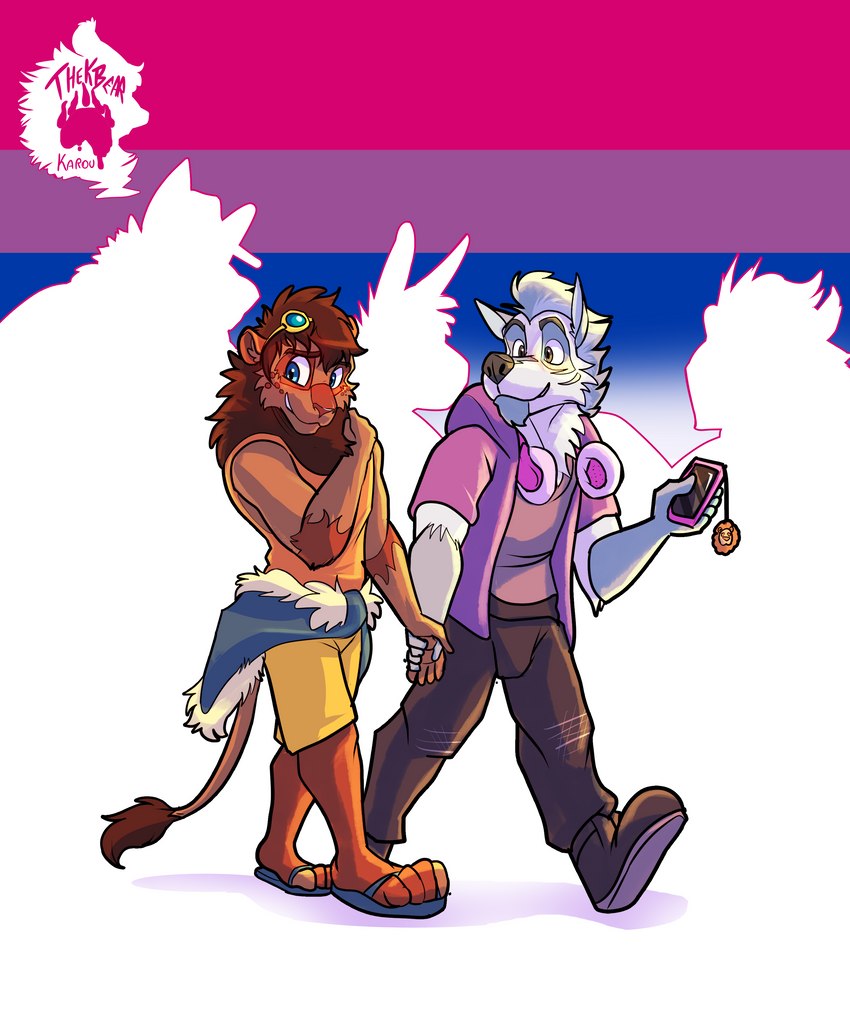 abstract_background anthro bisexual_pride_colors blush clothed clothing duo electronics fully_clothed handheld holding_object holding_phone lgbt_pride male male_anthro phone pride_color_background pride_colors simple_background thekinkybear bro_wolffox dude_lyena canid canine canis felid fox hybrid hyena lion mammal pantherine wolf 5:6 absurd_res hi_res