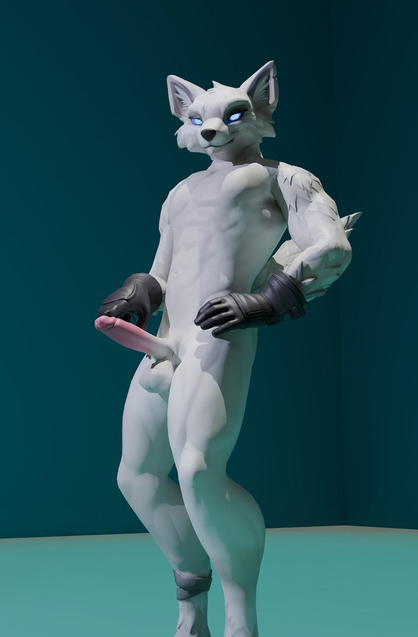 anthro black_nose clothing erection fur genitals glans gloves handwear humanoid_genitalia humanoid_penis male penis smile solo standing white_body white_fur pat3awelitas300 epic_games fortnite volpez_(fortnite) canid canine fox mammal 3d_(artwork) absurd_res digital_media_(artwork) hi_res