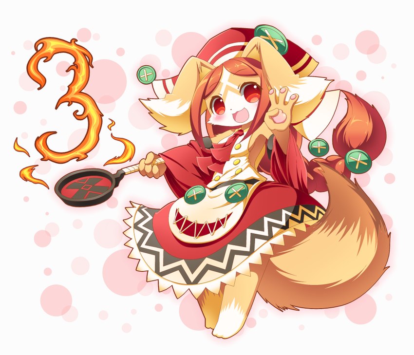 4_fingers anthro blush breasts clothed clothing cookware daww female female_anthro fingers fire fluffy fluffy_tail frying_pan fully_clothed fur hair kemono kitchen_utensils long_hair looking_at_viewer open_mouth open_smile orange_body orange_fur pawpads red_eyes red_hair simple_background small_breasts smile solo tail tools nell_two cyberconnect2 drecom full_bokko_heroes chantico_(full_bokko_heroes) canid canine canis domestic_dog mammal 2017