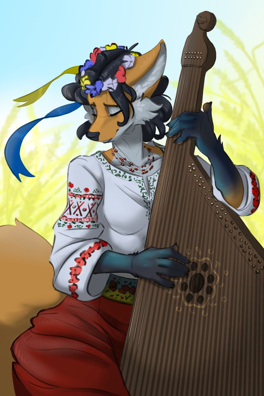 anthro big_tail black_hair black_hands breasts clothed clothing dress eyes_closed female field fingers fur hair jewelry multicolored_body musical_instrument necklace outside playing_music plucked_string_instrument red_clothing red_dress sky smile solo string_instrument tail ukraine ukrainian_folk_uniform ukrainian_vyshyvanka wheat wheat_field wreath sickfreak canid canine fox mammal 2:3 absurd_res digital_media_(artwork) hi_res