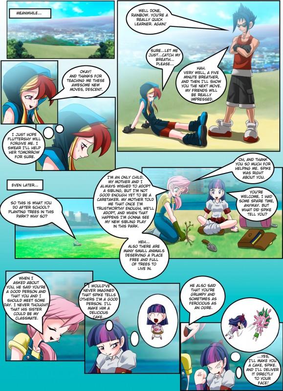 alternate_species clothed clothing dialogue female hair hood hug humanized male multicolored_hair purple_hair rainbow_hair text two_tone_hair mauroz friendship_is_magic hasbro my_little_pony fluttershy_(mlp) rainbow_dash_(mlp) shadowbolts_(mlp) spike_(mlp) twilight_sparkle_(mlp) human mammal absurd_res comic english_text hi_res