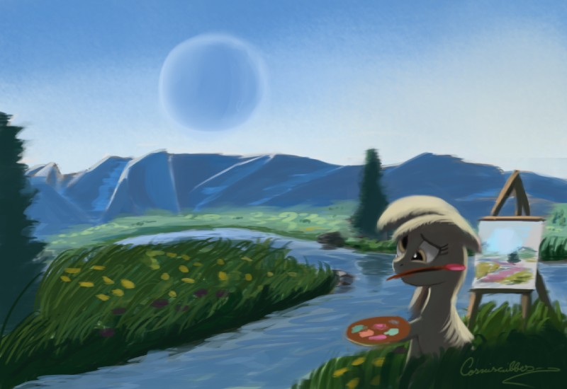 blonde_hair brush creek cross-eyed day detailed_background eyelashes female feral fur grass grey_body grey_fur hair hooves moon outside paintbrush painting plant sky solo yellow_eyes auroriia friendship_is_magic hasbro my_little_pony derpy_hooves_(mlp) equid mammal