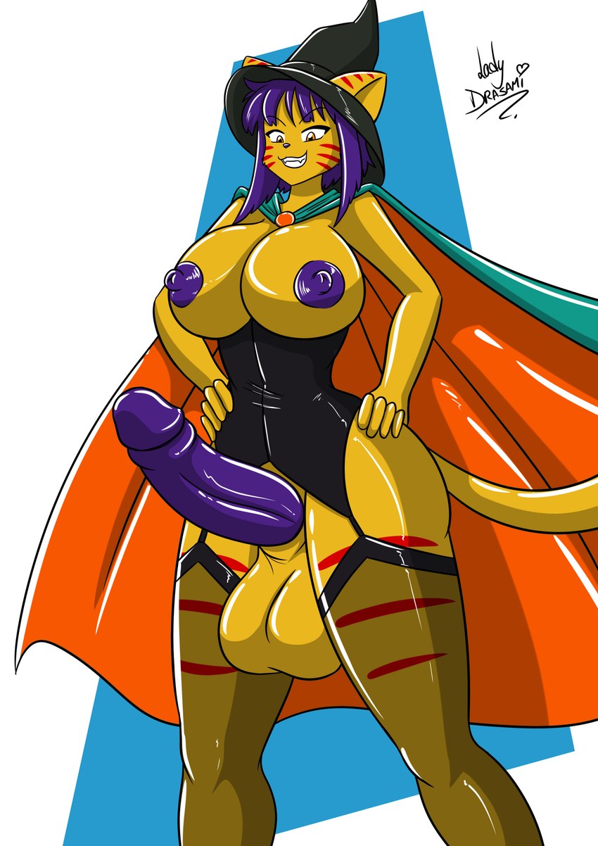 anthro areola big_areola big_breasts big_butt big_penis breasts butt genitals gynomorph hair intersex nipples penis purple_areola purple_hair purple_nipples purple_penis solo wide_hips lady_drasami drasami domestic_cat felid feline felis mammal absurd_res hi_res