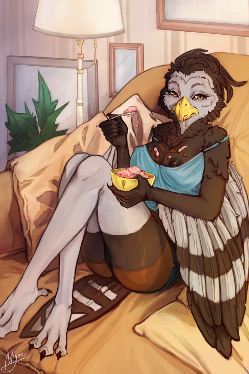 anthro anthrofied arms_bent avian_feet beak bent_legs breasts brown_body brown_feathers claws crossed_legs cutlery dessert detailed_background eating feathered_arms feathers female food furniture holding_object ice_cream inside kitchen_utensils knees_pulled_up knock-kneed lamp leg_over_shin legs_together looking_at_viewer nipple_slip nipples planted_legs pokemorph raised_hand reclining sitting sofa solo spoon tail tail_feathers tools tucked_arm moyoki nintendo pokemon avian bird generation_5_pokemon pokemon_(species) unfezant hi_res