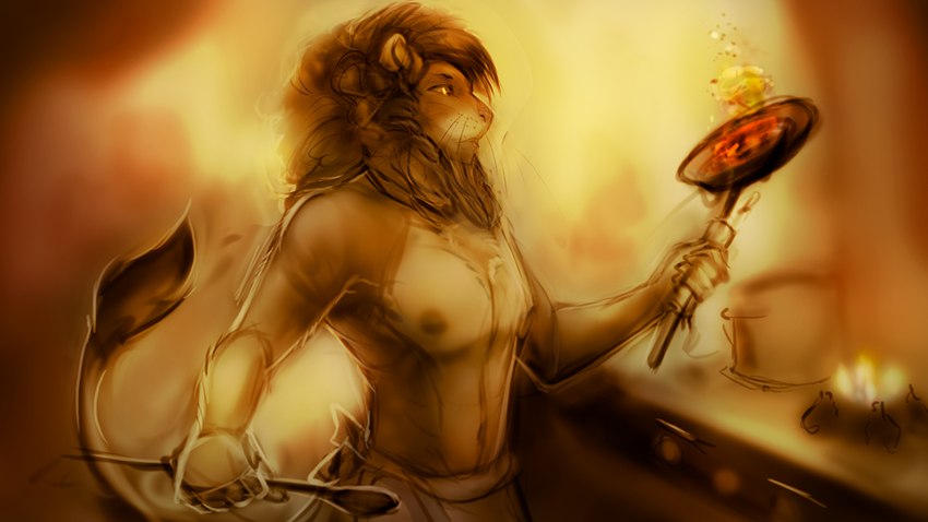 anthro blurred_background clothed clothing cooking countershading cutlery kitchen kitchen_utensils male navel pan solo spoon tail tools topless watsup bralios felid lion mammal pantherine 16:9 2019 digital_media_(artwork) widescreen