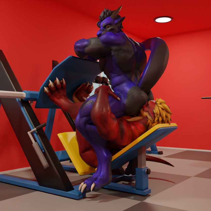 anthro big_butt blue_body butt duo facesitting gym gym_equipment hands_on_legs looking_at_another male male/male muscular nude red_body sitting_on_another slightly_chubby smile tail dergdrister leg_press_redraw_(meme) mythology drister_(dergdrister) tyler_(dergdrister) dragon mythological_creature mythological_scalie scalie 1:1 3d_(artwork) digital_media_(artwork) meme