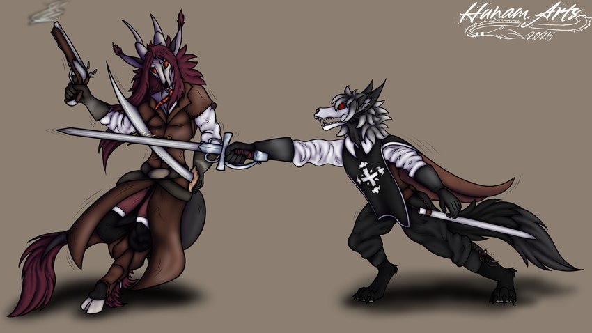 anthro bone clothing coat duo gloves gun hair handgun handwear hooves male melee_weapon musketeer paws pistol ranged_weapon rapier skull sword tail tongue topwear weapon hunamarts zorael demon skulldog_(species) 16:9 digital_media_(artwork) hi_res widescreen