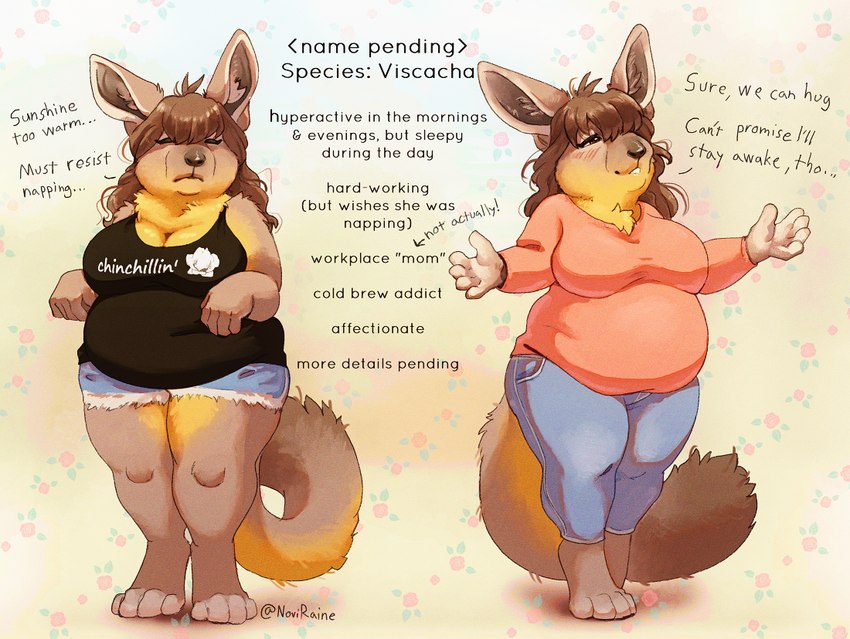 4_toes anthro bangs belly big_belly big_breasts black_clothing black_nose black_shirt black_tank_top black_topwear blush bottomwear breasts brown_body brown_eyes brown_fur brown_hair cleavage clothed clothing countershading denim denim_bottomwear denim_clothing denim_shorts dialogue eyes_closed feet female fluffy fluffy_tail fur hair half-closed_eyes inner_ear_fluff jeans long_ears long_hair mature_anthro mature_female narrowed_eyes neck_tuft offering_hug overweight overweight_anthro overweight_female pants paws pink_clothing pink_shirt pink_topwear shirt shorts simple_background smile solo standing tail tank_top text text_on_clothing text_on_topwear thick_thighs tired toes topwear tuft wide_hips yellow_body yellow_countershading noviraine chinchillid mammal rodent viscacha 2025 digital_media_(artwork) english_text signature