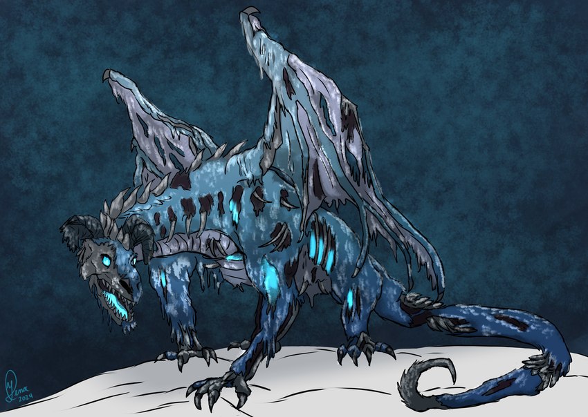 ambiguous_gender bone decay feral glowing glowing_eyes hooked_tail horn ice solo tail wings yenocwolf mythology secrets_of_uncrom uncrom frostbite sombid dragon mythological_creature mythological_scalie scalie undead visha elemental_(disambiguation) absurd_res concept_art hi_res