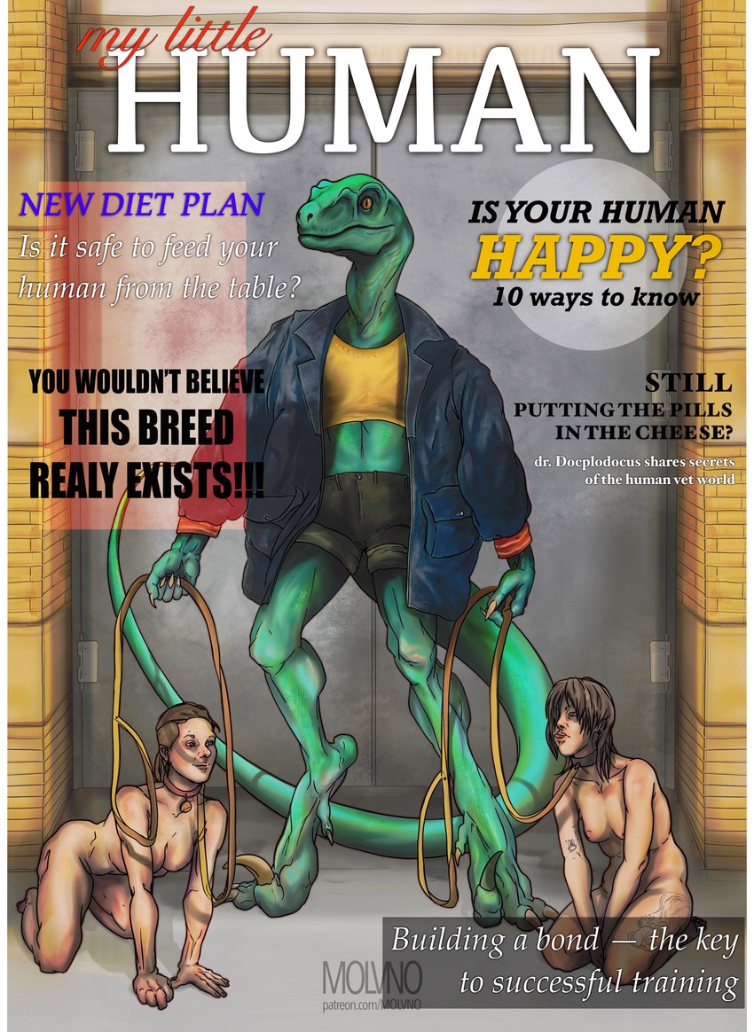 anthro clothed clothing collar female fictional_magazine_cover group human_pet humor joke magazine_title male nude text title trio what molvno dinosaur dromaeosaurid human mammal prehistoric_species reptile scalie theropod velociraptor absurd_res cover english_text hi_res magazine_cover url