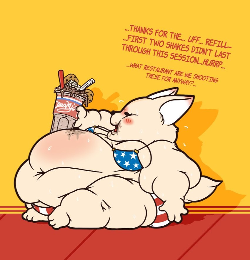 american_flag_bikini anthro asking asking_what belly belly_overhang beverage big_belly bikini blush bodily_fluids bodily_noises clothed clothing derived_sound_effect dialogue dialogue_with_sound_effects extended_sound_effect female flag_bikini flag_clothing holidays huge_belly hurp hyper hyper_belly interrupted_by_reaction interrupted_speech milkshake morbidly_obese morbidly_obese_anthro morbidly_obese_female navel obese obese_anthro obese_female onomatopoeia oof overweight overweight_anthro overweight_female patriotic_clothing question question_mark short_stack simple_background sitting skimpy skimpy_bikini solo sound_effect_variant sound_effects sweat swimwear text thanking thick_thighs two-piece_swimsuit united_states_of_america weight_gain yellow_background fawxen 4th_of_july aggretsuko sanrio fenneko canid canine fennec_fox fox mammal true_fox digital_media_(artwork) english_text full-length_portrait portrait