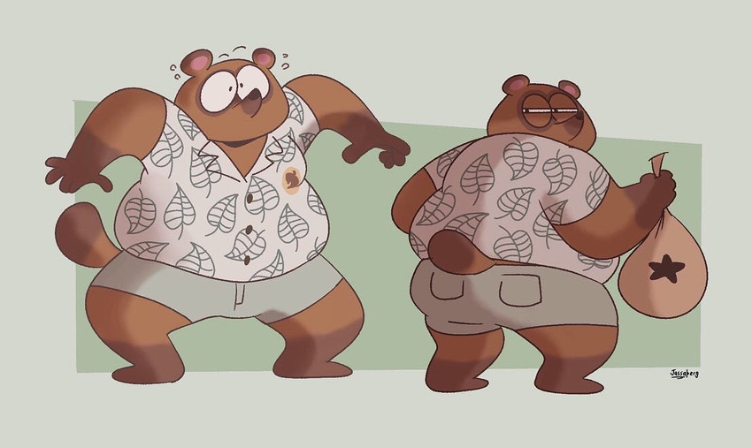 anthro belly bottomwear brown_body brown_fur butt clothing fur male money_bag overweight overweight_anthro overweight_male shirt shorts solo topwear jassaberg animal_crossing nintendo tom_nook_(animal_crossing) canid canine mammal raccoon_dog tanuki 2020